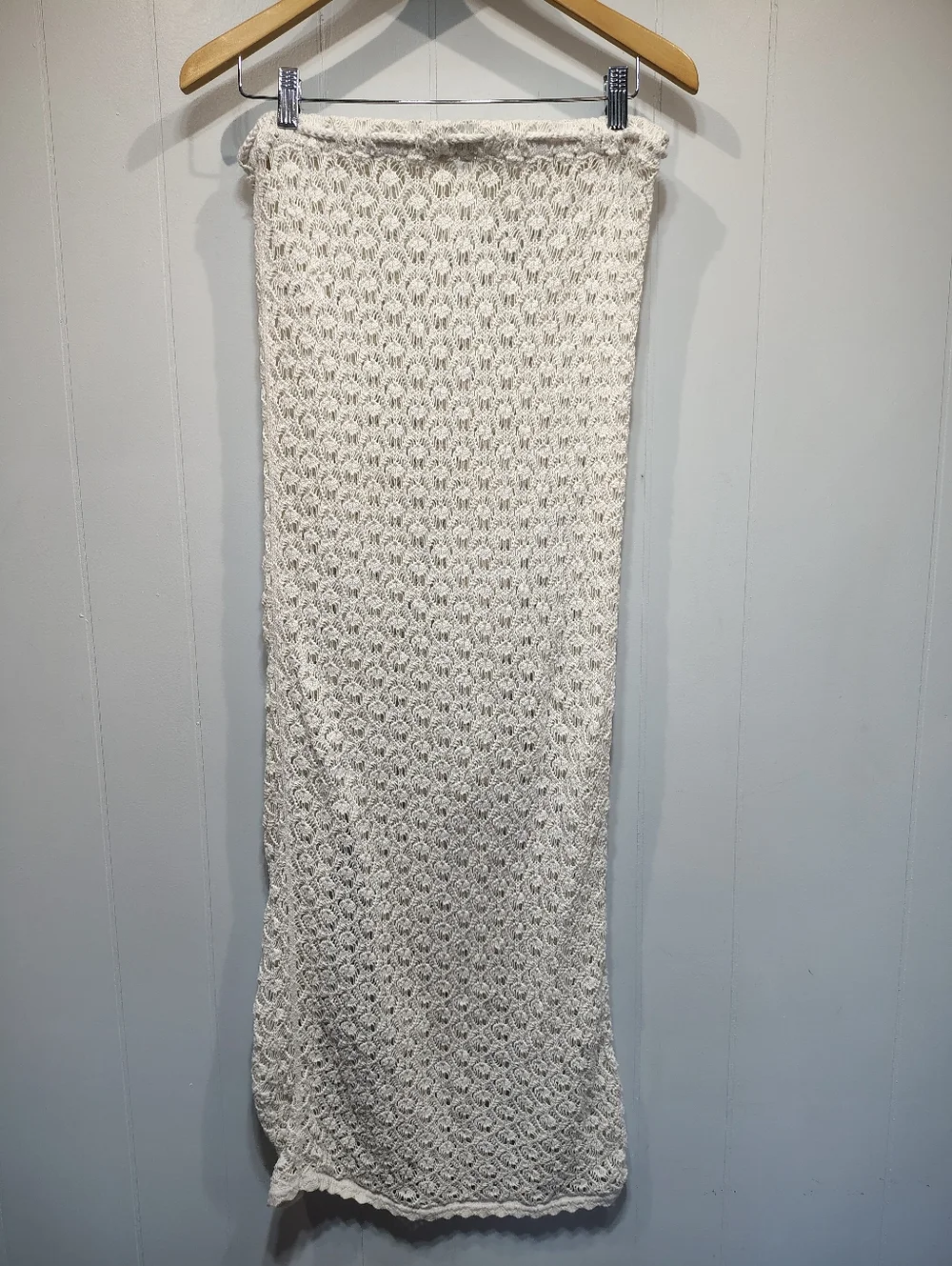 Aerie White Crochet Maxi Skirt Boho Beach Cover Up Drawstring Slit Size L Cotton - Picture 6 of 8